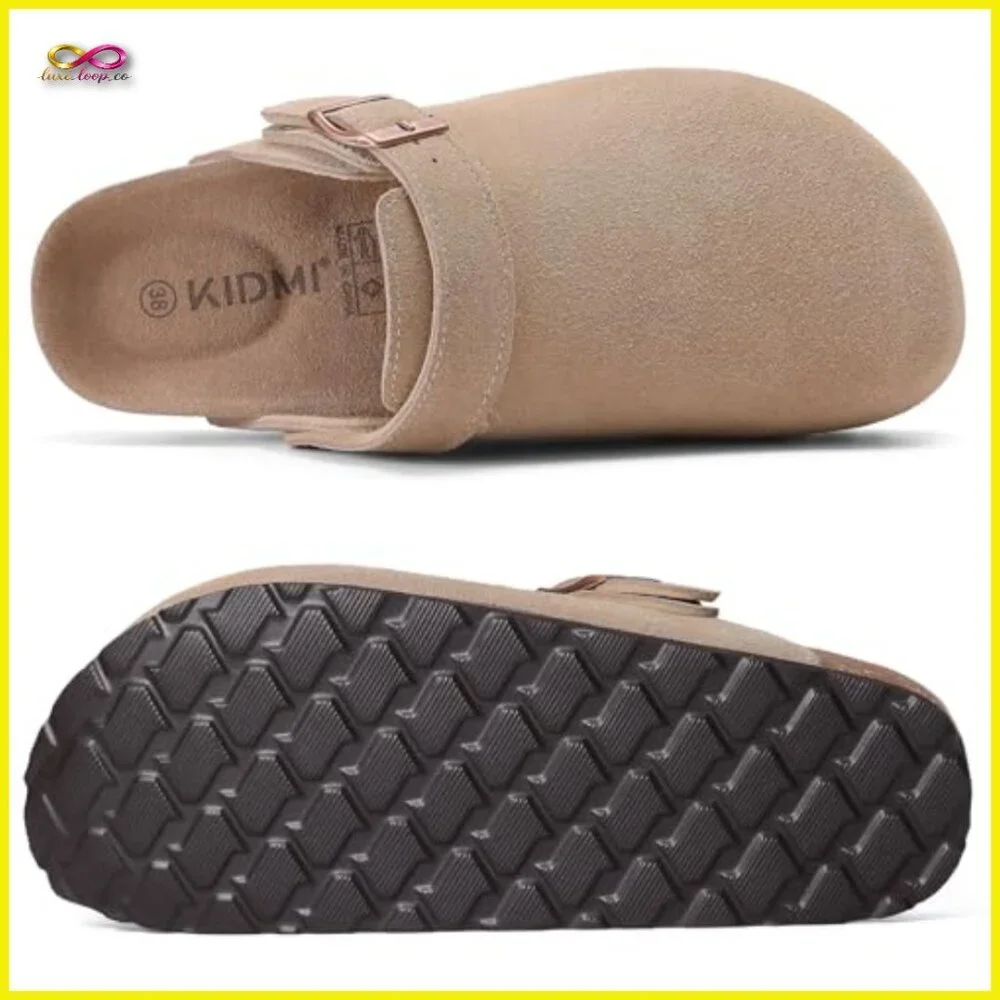 Suede Clogs with Back Strap Cork Footbed Slip On Casual Mules Retro Style - Picture 4 of 7
